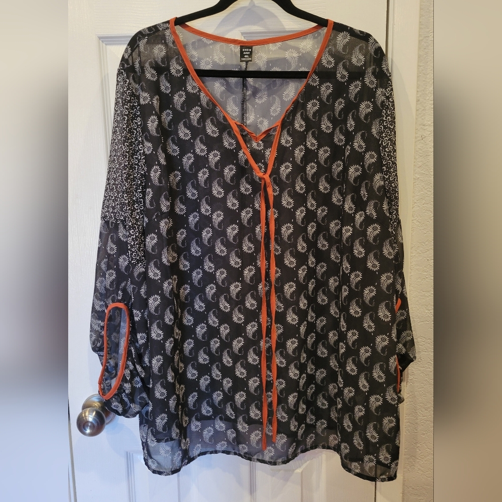 Shein Navy Blue and Orange Sheer Blouse